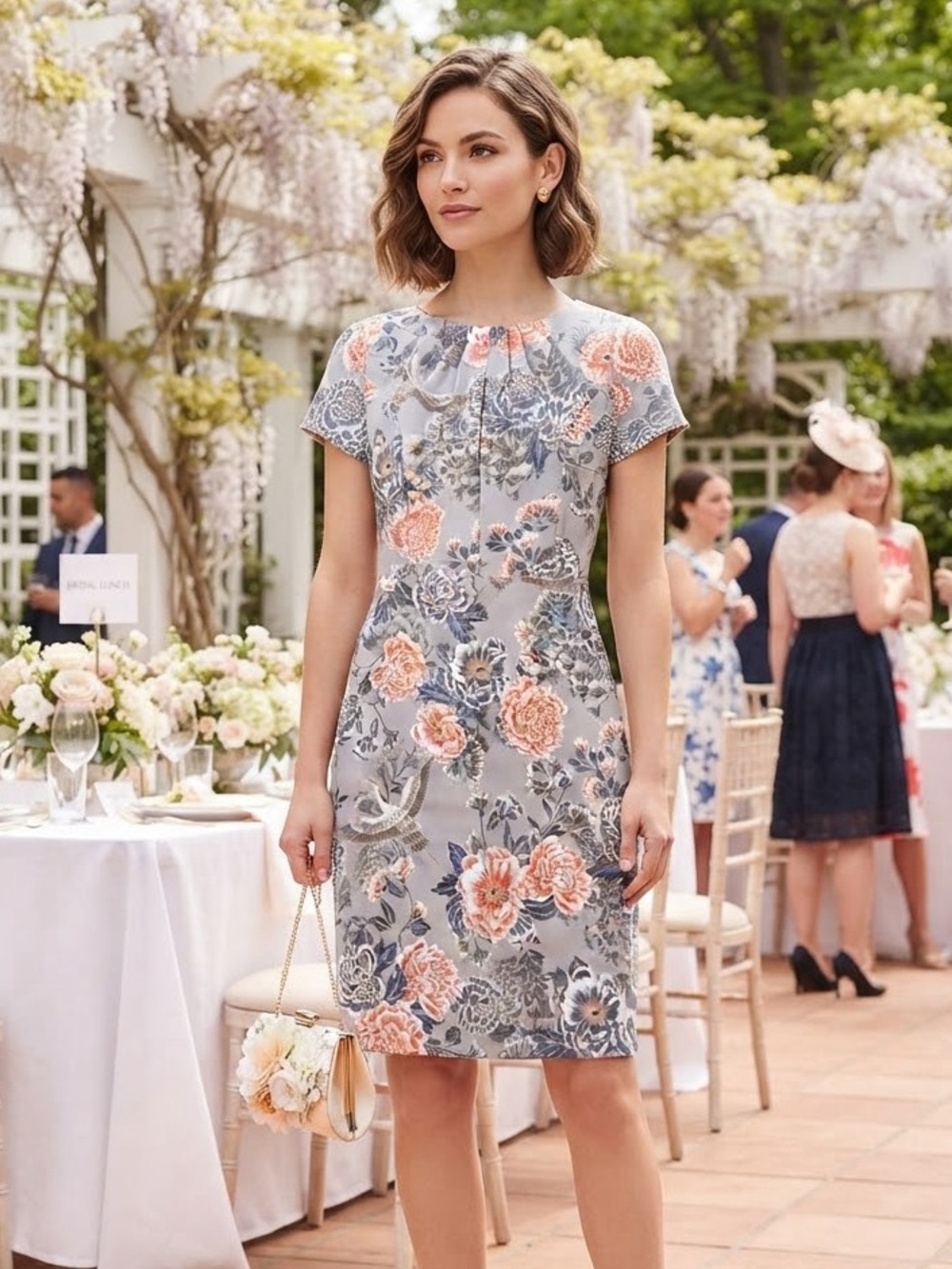 Banana Republic Gray Sheath Dress with Peach Floral Print Petite